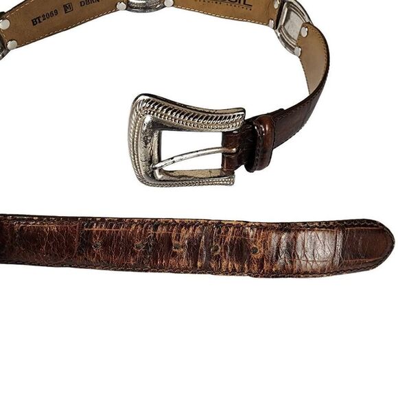 VINTAGE Fossil Etched Silver Hardware Tan Leather Belt M - Picture 6 of 12